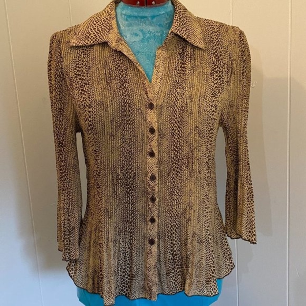 Covington Boho Animal Print Crinkled Bell Sleeve Button Down Top Womens Size PL